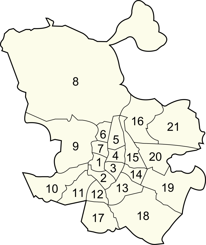 Mapa de los 21 distritos administrativos de Madrid, numerados y con nombre